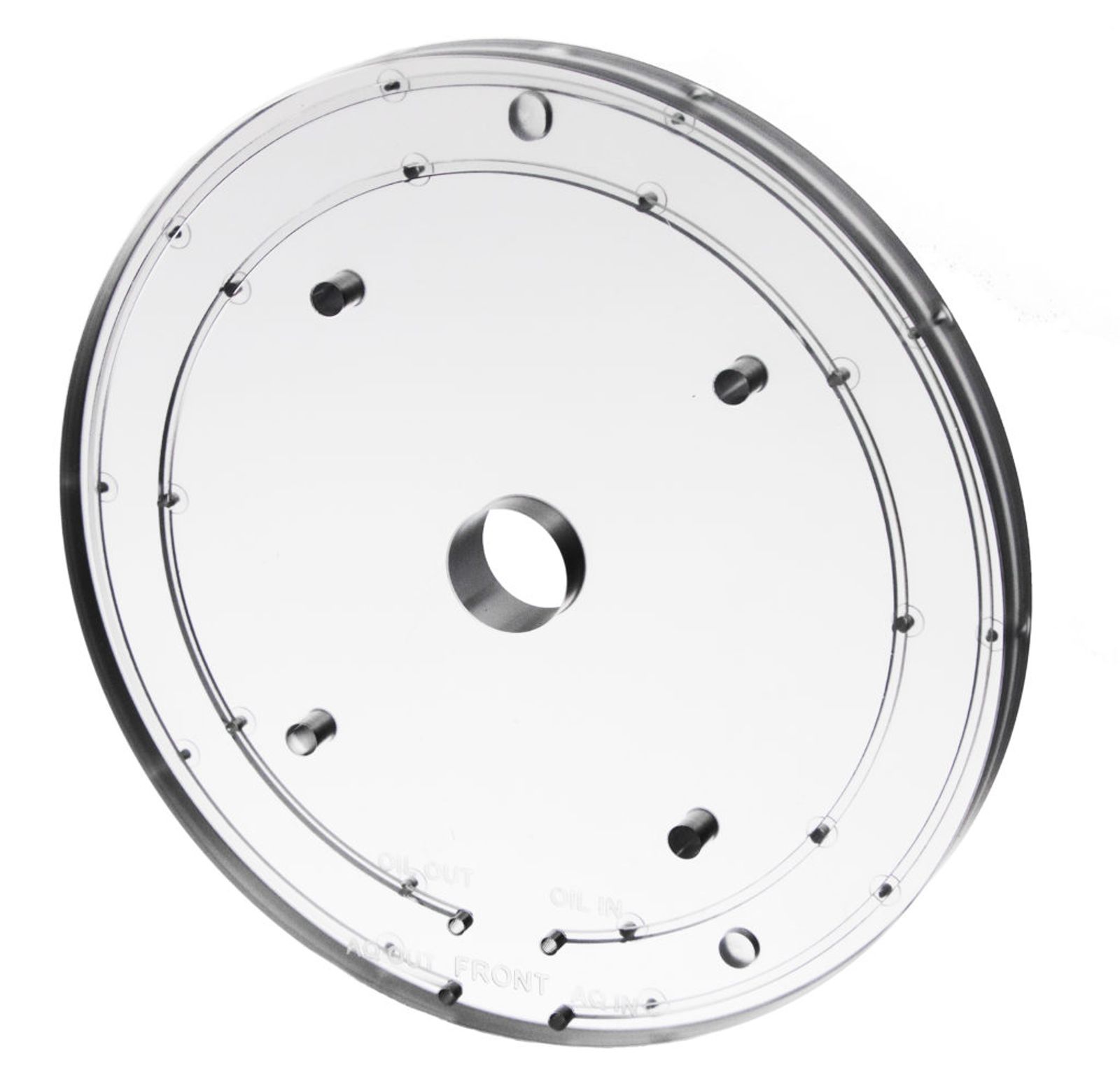 A clear polycarbonate plastic circular silver dispensing manifold with a smooth surface, featuring a central hole and multiple smaller holes around it, conveying precision engineering.