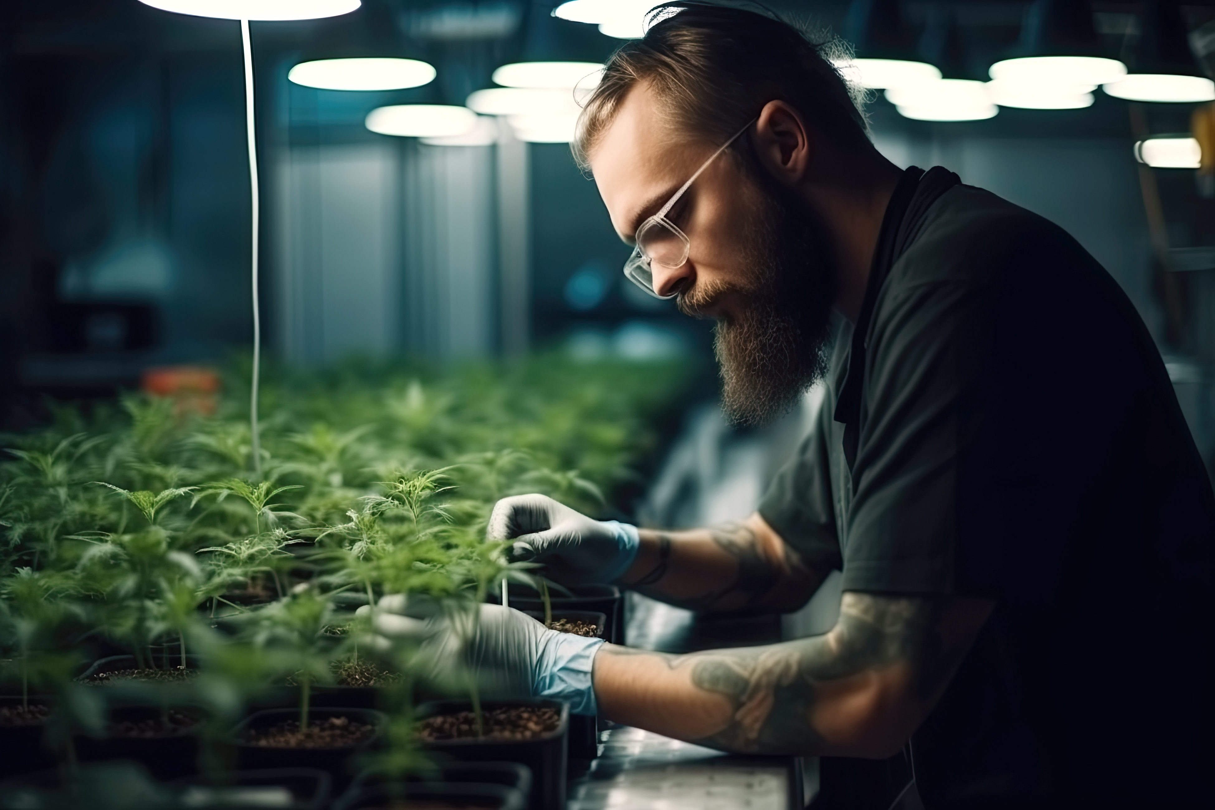 male worker in greenhouse with medicinal cannabis marijuana bushes