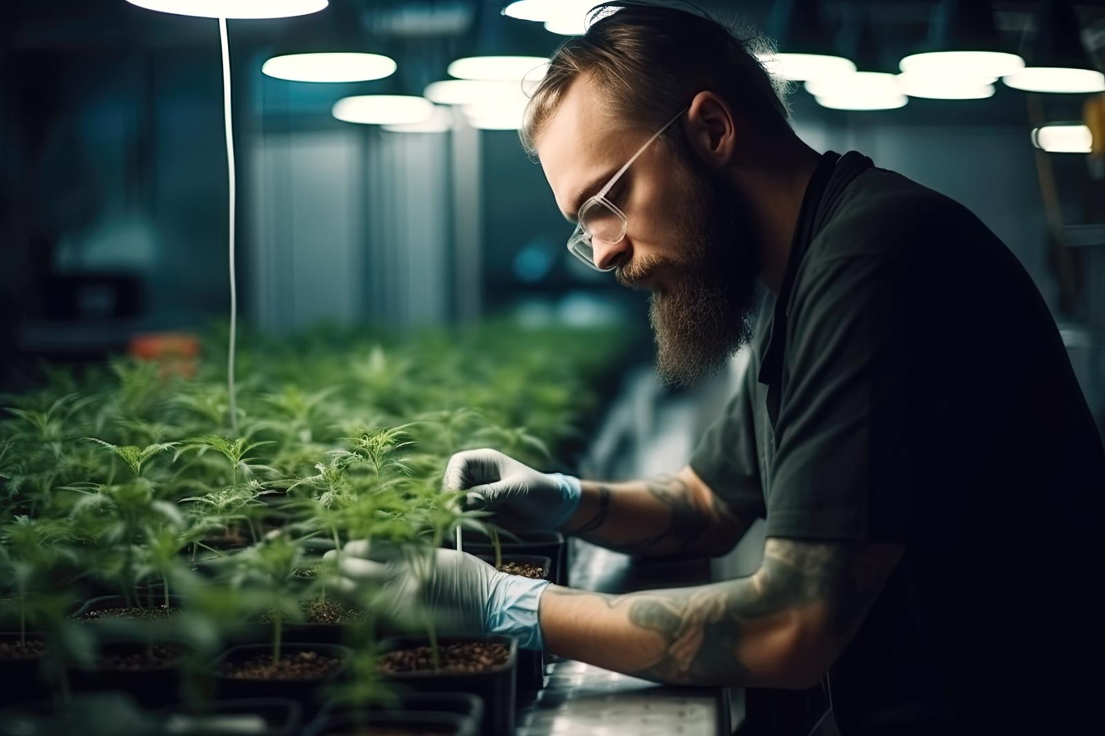 male worker in greenhouse with medicinal cannabis marijuana bushes