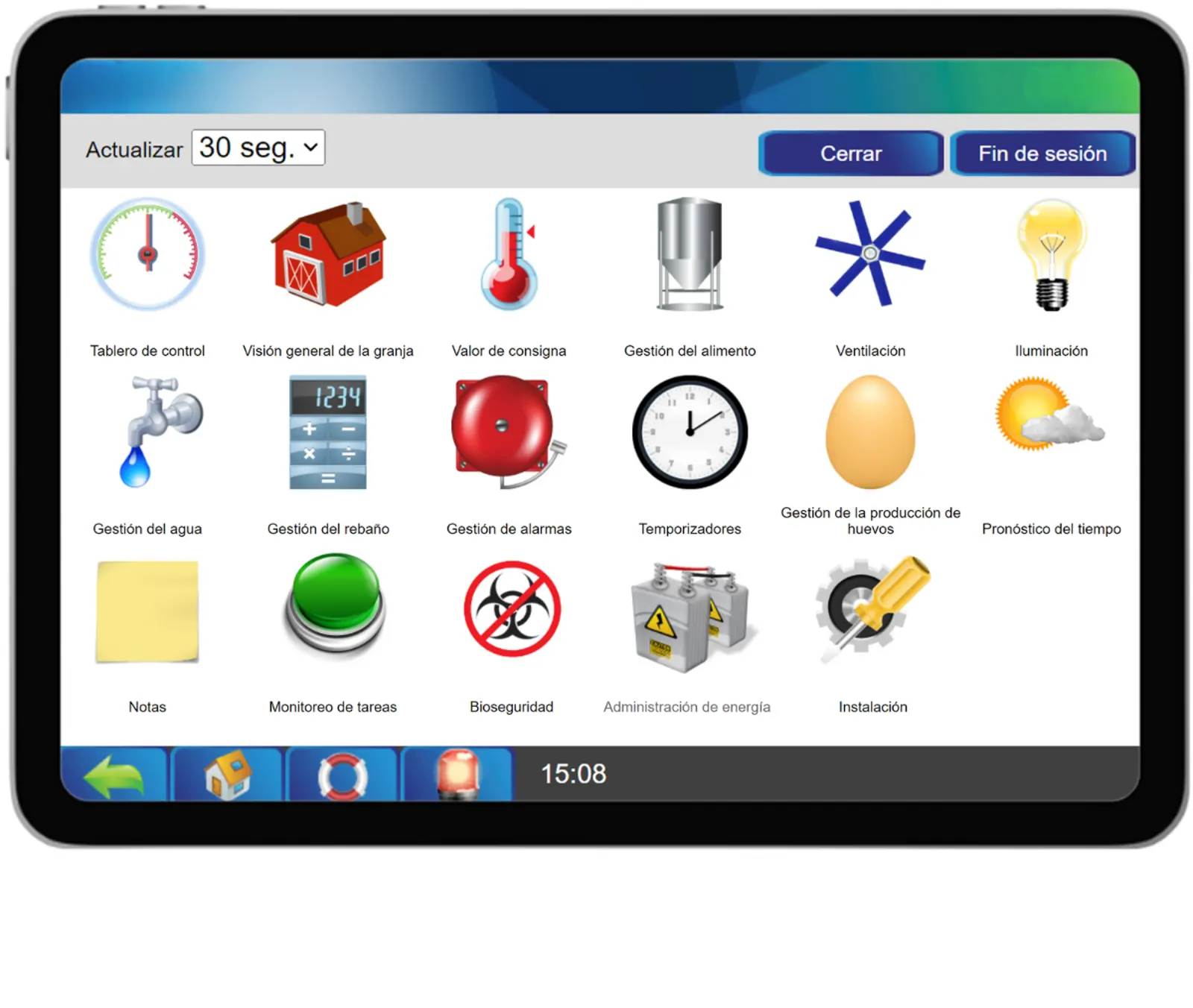 Pantalla del controlador MAXIMUS P-Series con íconos para las funciones avícolas.