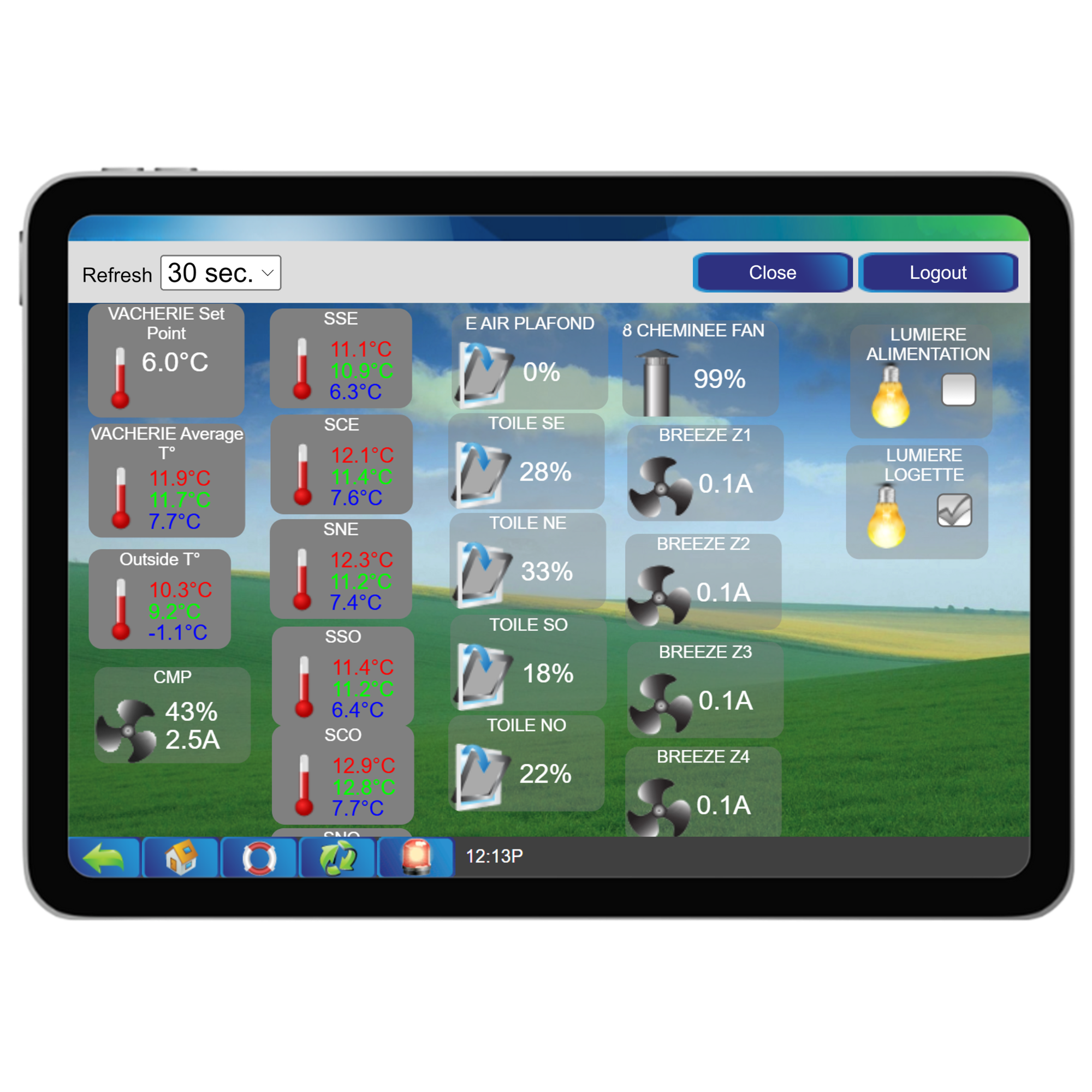 Temperature sensor for livestock farm and greenhouse connected to the Maximus controller - Overview of all temperature sensors located in different zones.