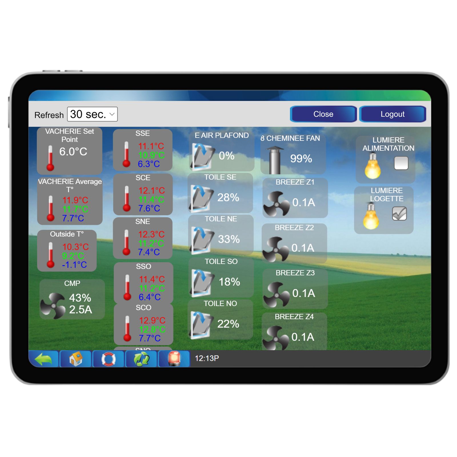 Temperature sensor for livestock farm and greenhouse connected to the Maximus controller - Overview of all temperature sensors located in different zones.