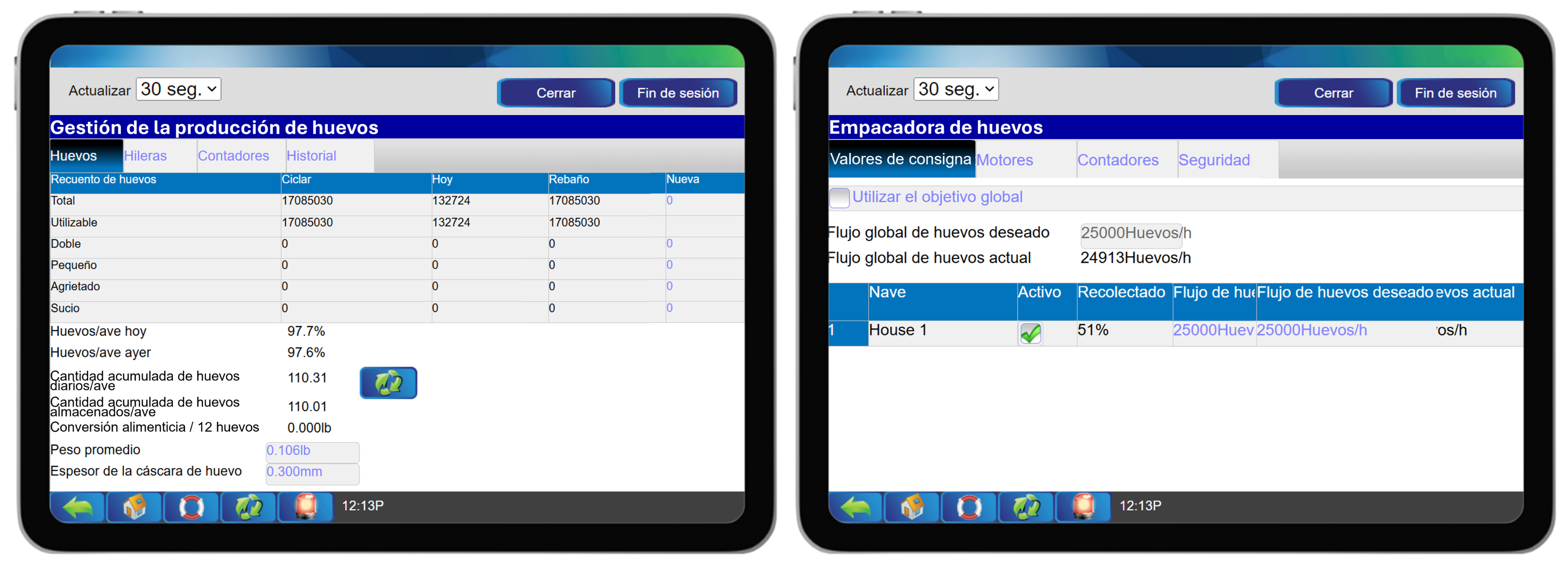 Sistema de gestión de flujo de huevos - Tabla de gestión de huevos y Configuración de los valores de consigna