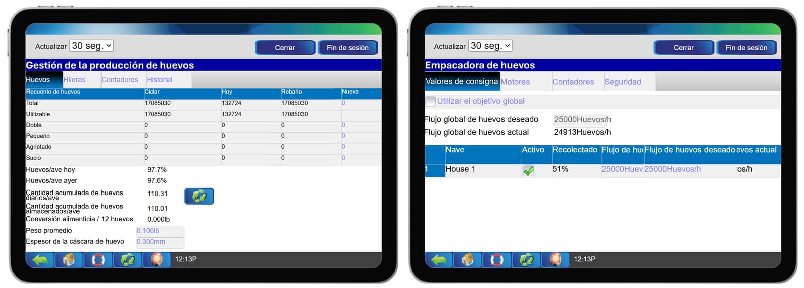 Sistema de gestión de flujo de huevos - Tabla de gestión de huevos y Configuración de los valores de consigna