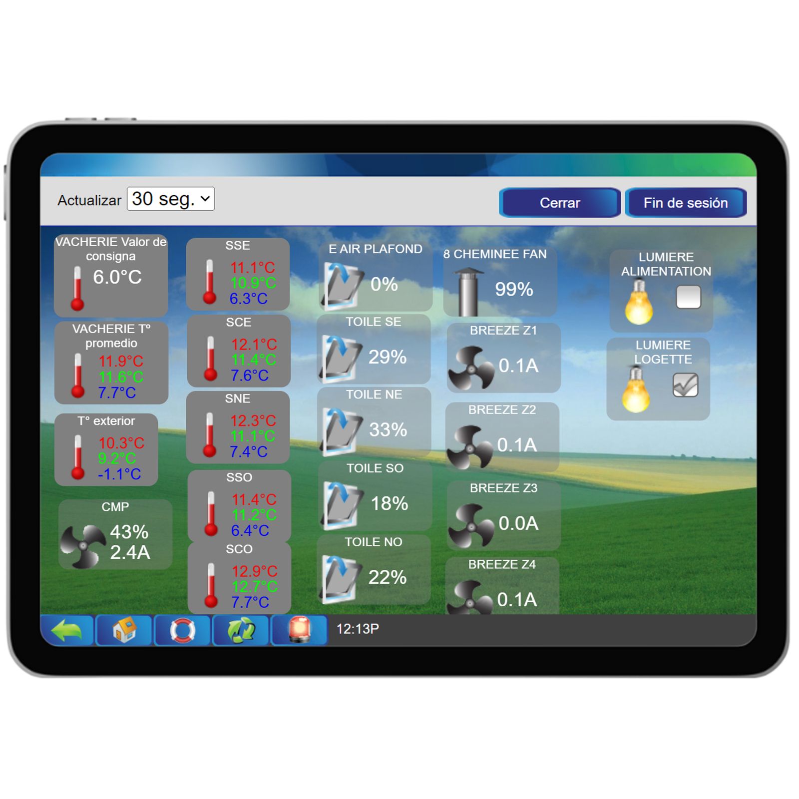 Sensor de temperatura para granjas de producción animal e invernaderos conectadas al controlador Maximus - Vista general de todas las sondas de temperatura ubicadas en diferentes zonas