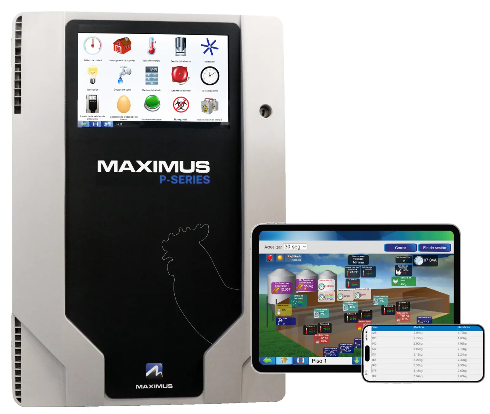 Controlador MAXIMUS P-Series con herramientas para informes: tecnología avícola inteligente y accesible.