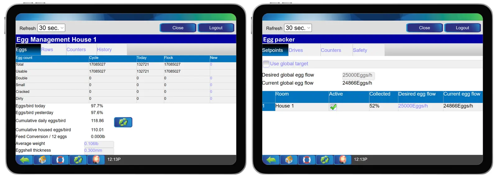 Egg Flow System – Egg management table and setting setpoints