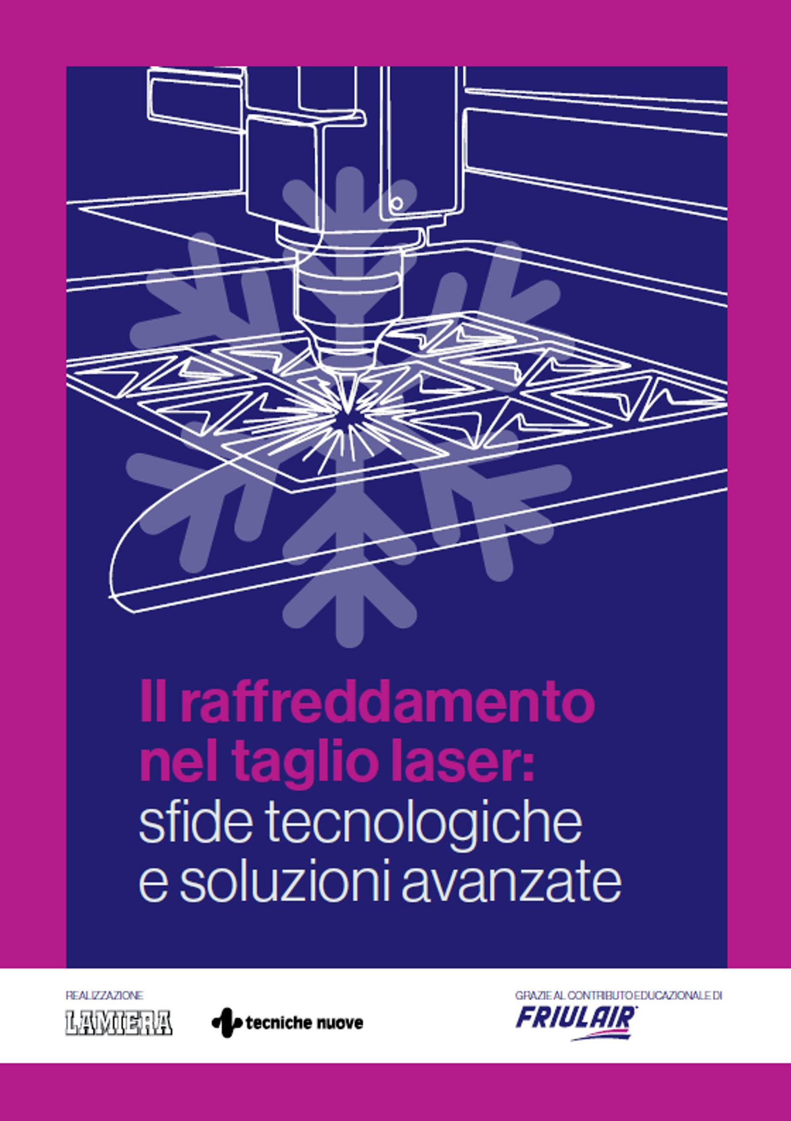 Illustrazione di una testa di taglio laser su lamiera con focus sul raffreddamento industriale e controllo termico nei sistemi di taglio laser ad alta potenza