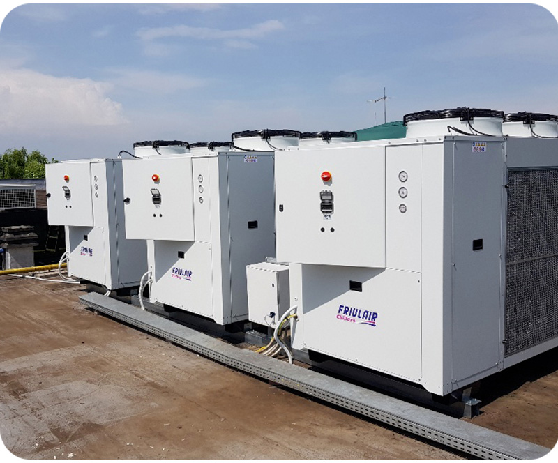 Central chiller plant with multiple industrial units for food and beverage process cooling