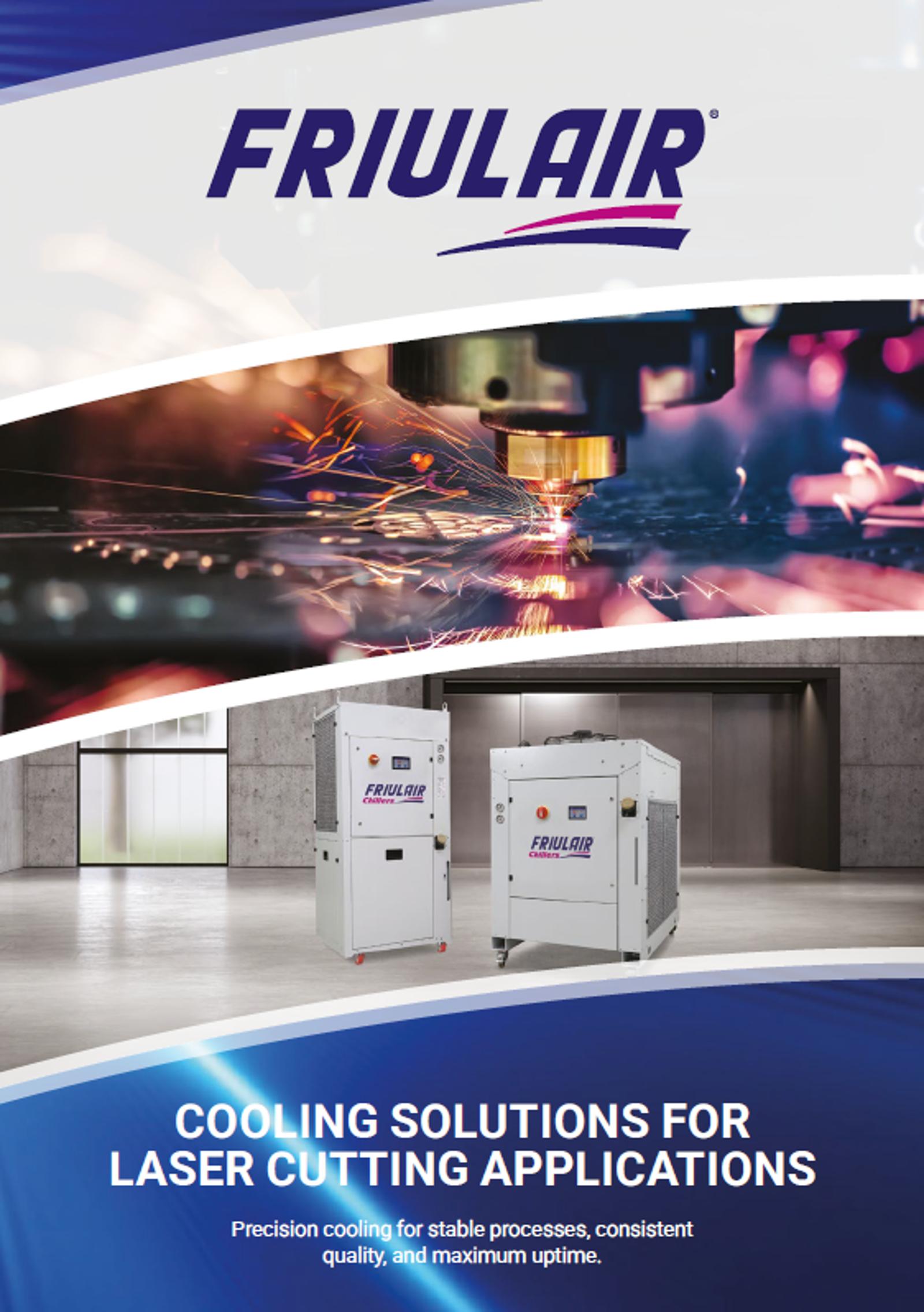 Cover of Friulair brochure showcasing laser‑dedicated water chillers for laser cutting machines and precision manufacturing
