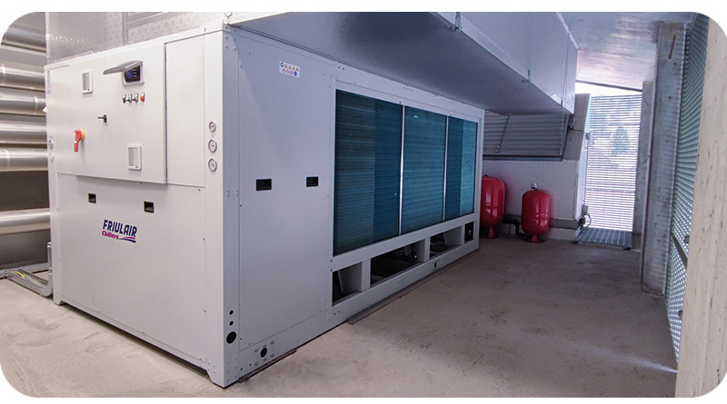 Friulair air conditioning chillers installed outdoors for reliable data center cooling and continuous operation.