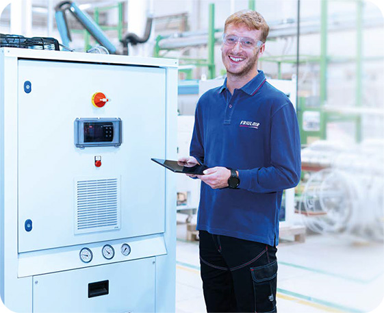 Friulair technician performing service on an industrial biogas chiller