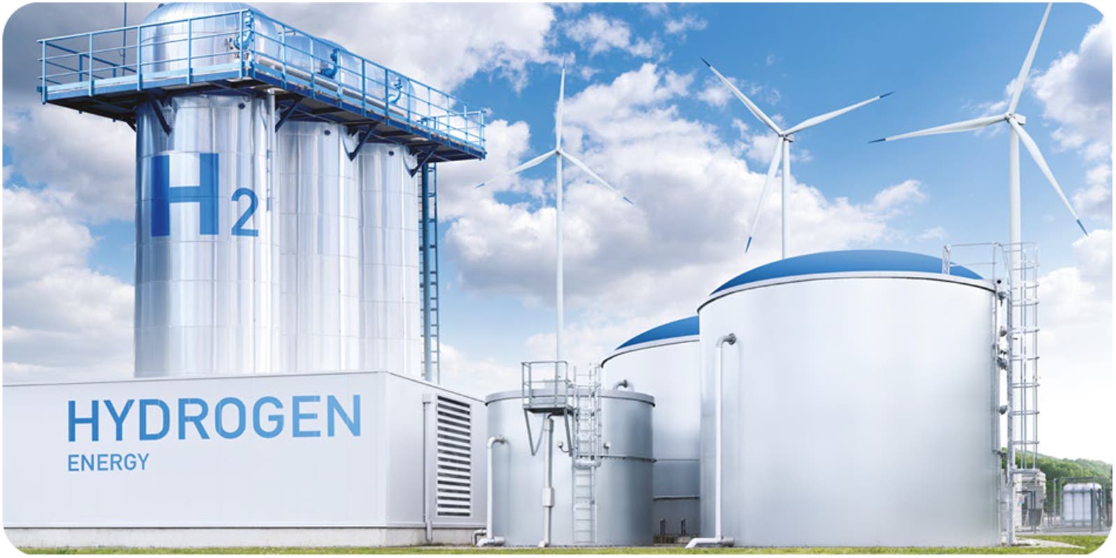 Industrial hydrogen plant with storage tanks supported by renewable energy, requiring reliable process cooling systems