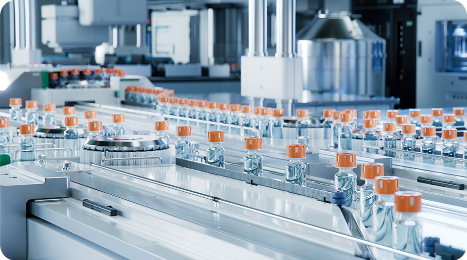 Automated pharmaceutical laboratory production line with glass vials requiring precise temperature control from laboratory chillers