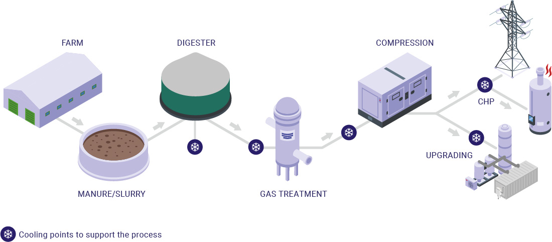 Industrial biogas plant with digesters and gas treatment and cooling systems