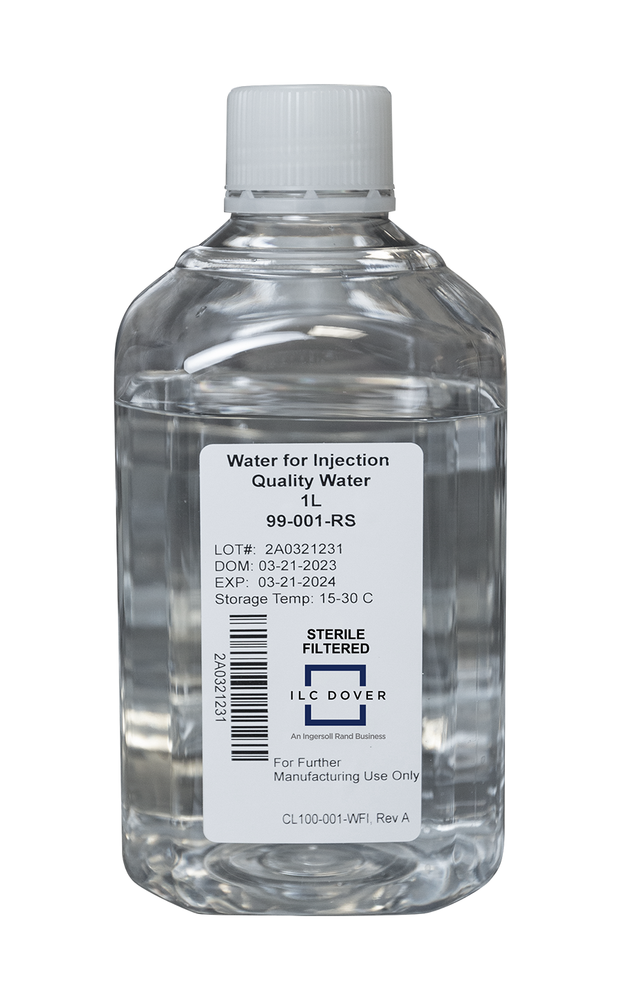 Plastic bottles labeled 'Water for Injection' on a conveyor in a manufacturing facility.