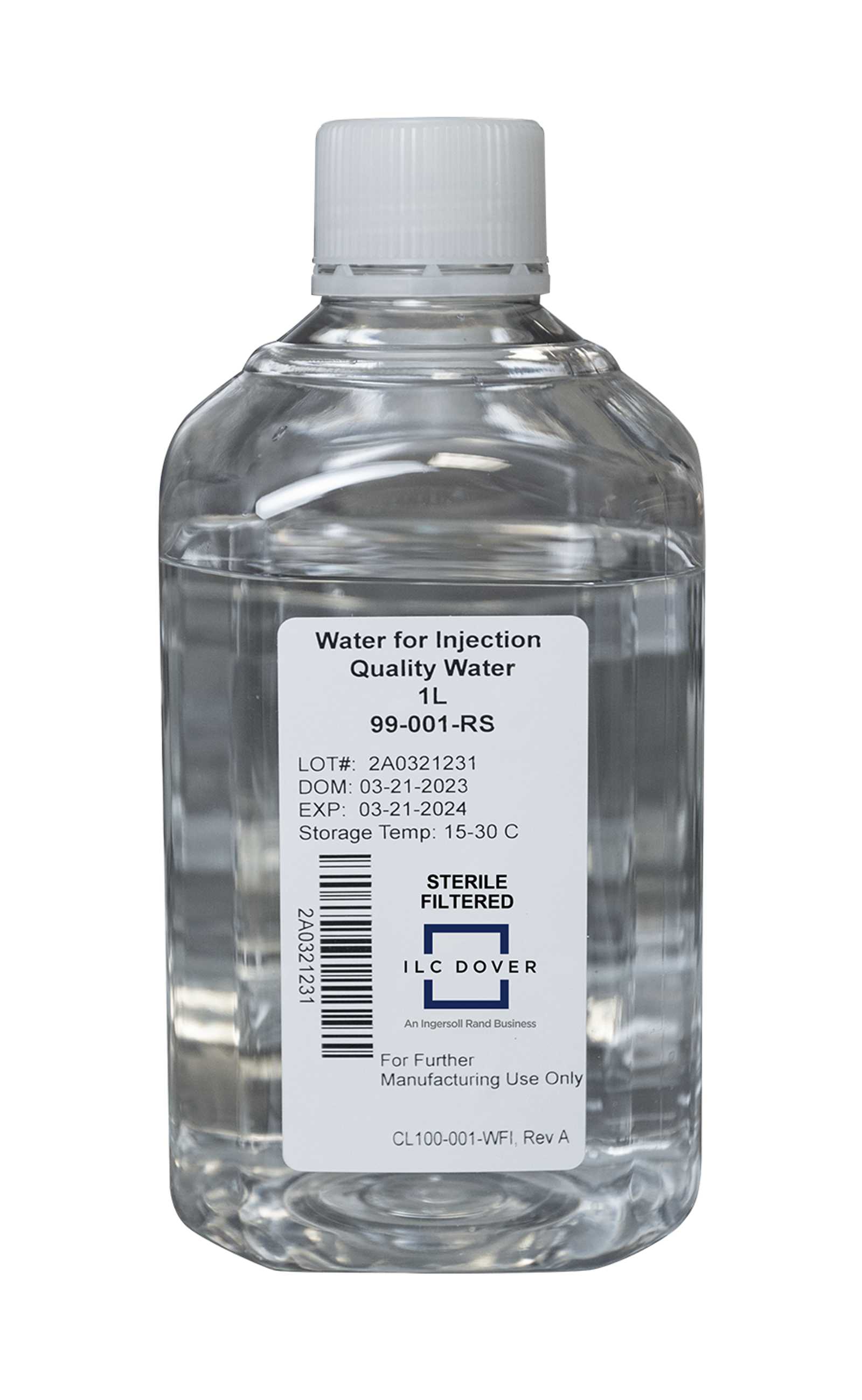Plastic bottles labeled 'Water for Injection' on a conveyor in a manufacturing facility.