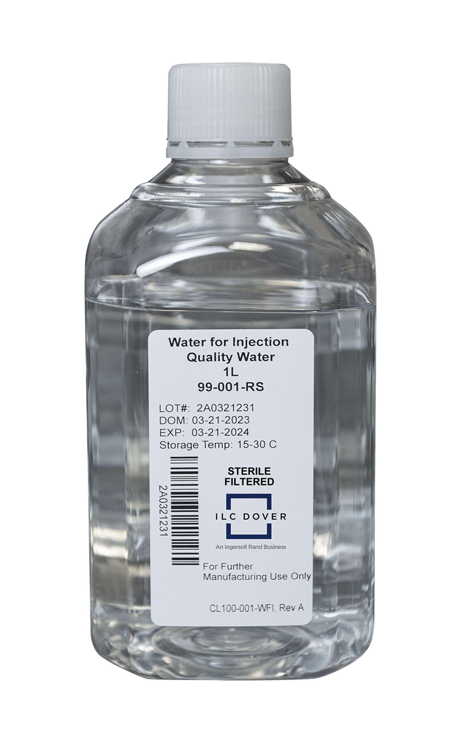 Plastic bottles labeled 'Water for Injection' on a conveyor in a manufacturing facility.