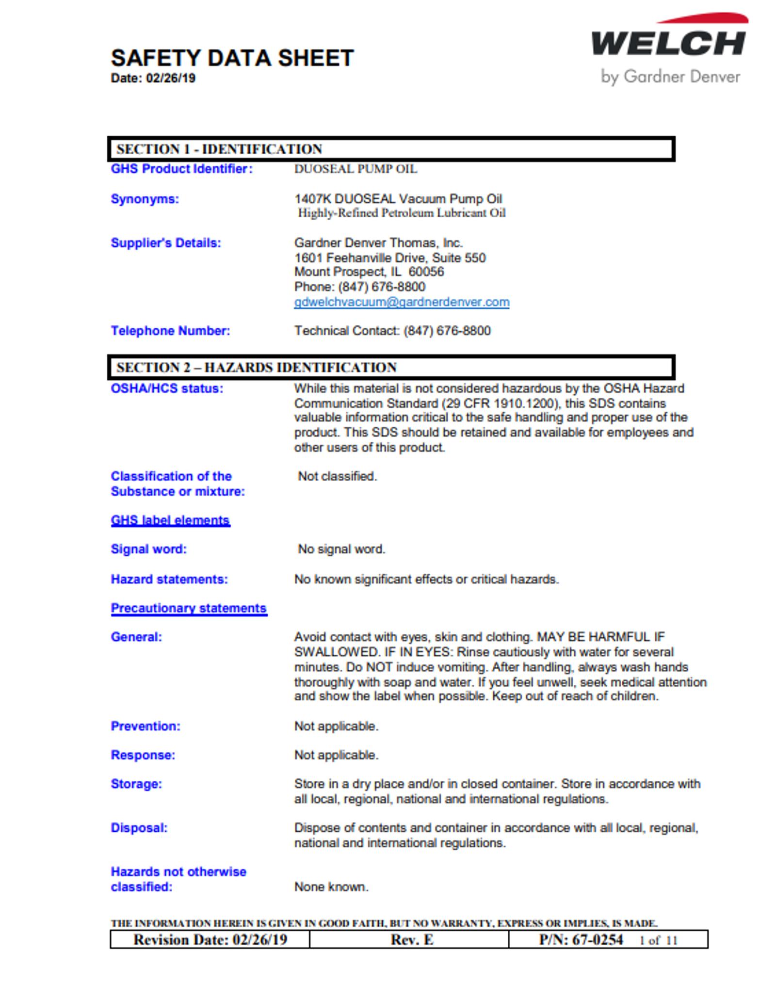 DuoSeal Vacuum Oil 1407K Safety Data Sheet