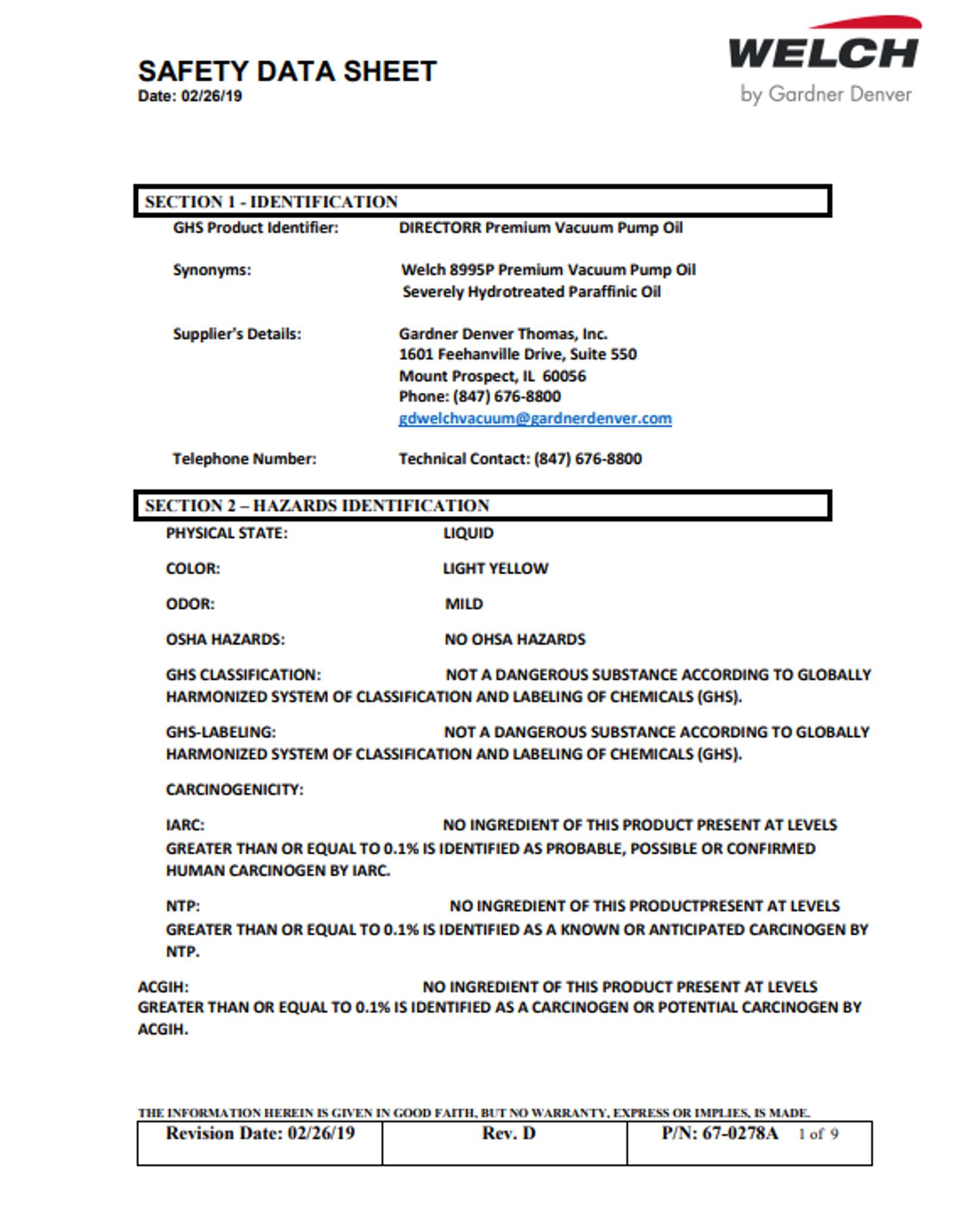 Premium Vacuum Oil 8995P Safety Data Sheet