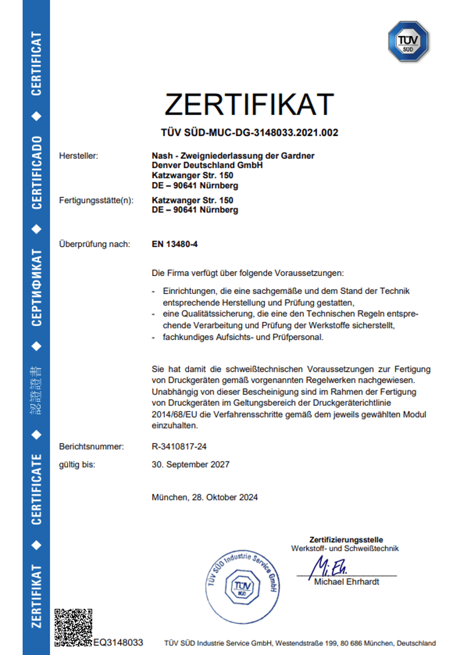 EN 13480-4 Certificate English - Deutsch