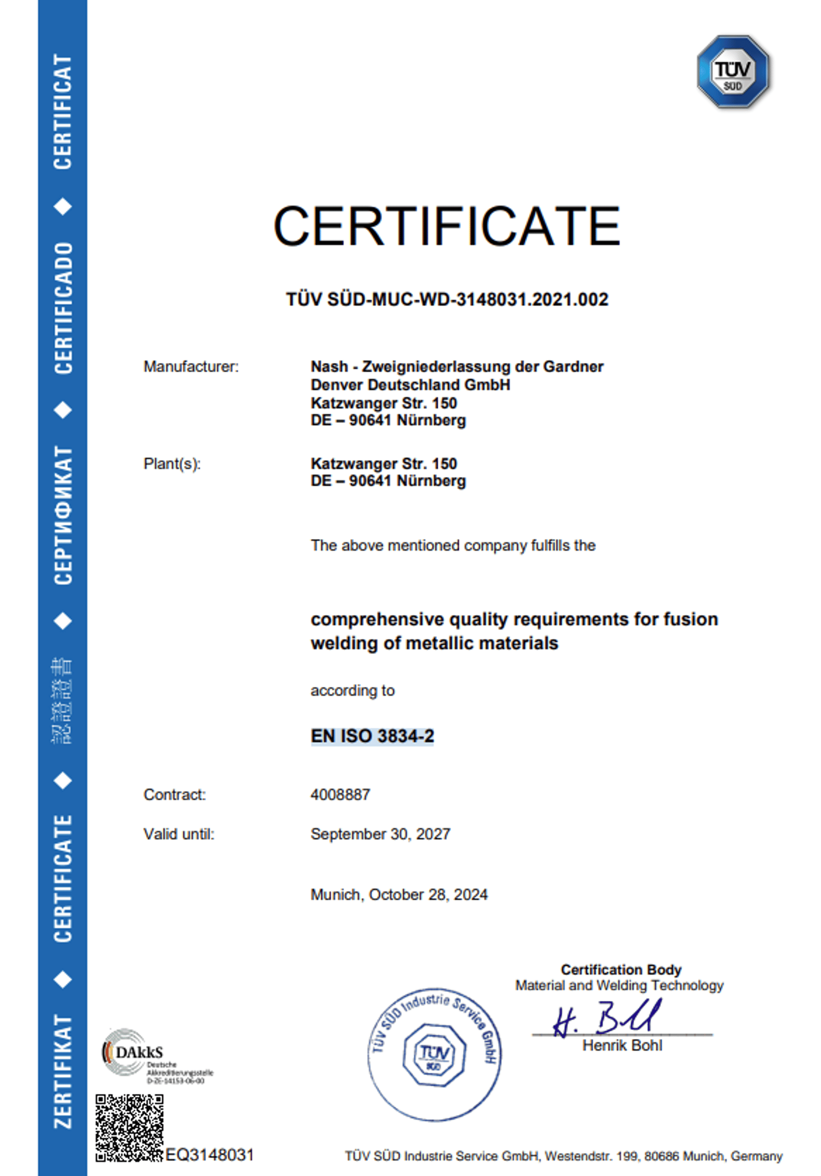 EN ISO 3834-2 Certificate English