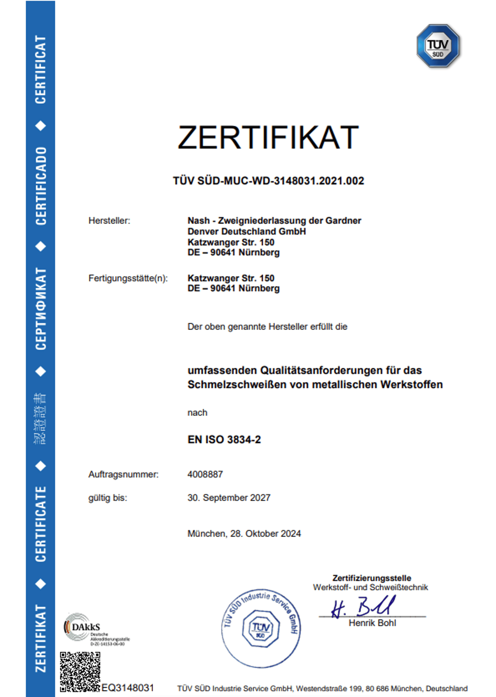 EN ISO 3834-2 Zertifikat Deutsch