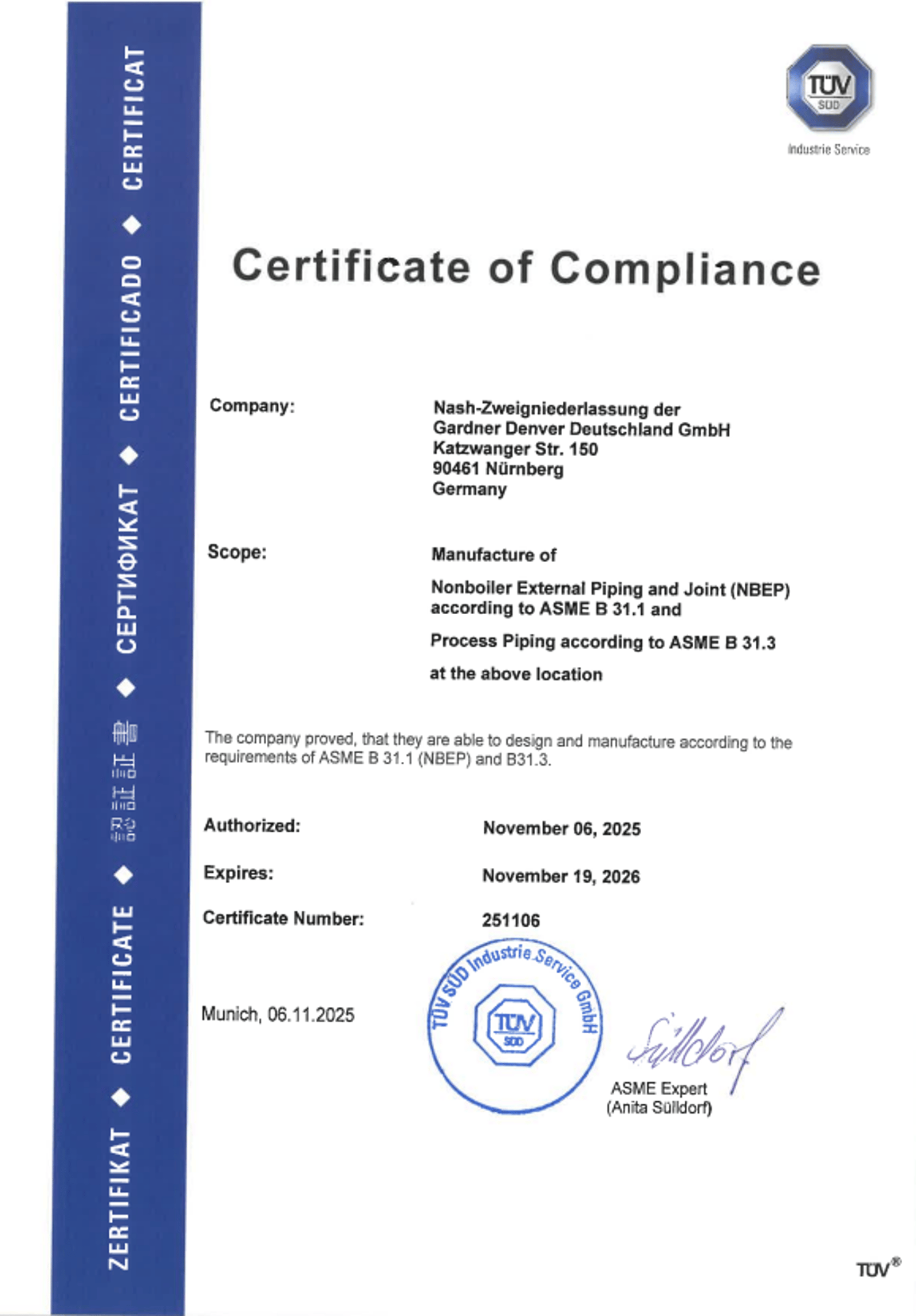 TÜV SÜD Certificate of Compliance (ASME B31.1 & B31.3)