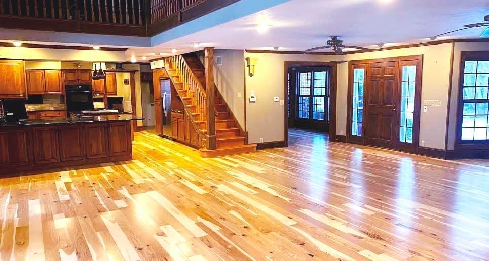 A living room decked out with brand-new hardwood floors