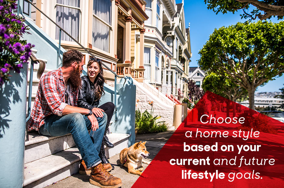 A couple sitting on the porch of their new townhouse. Overlay text reads "Choose a home style based on your current and future lifestyle goals".