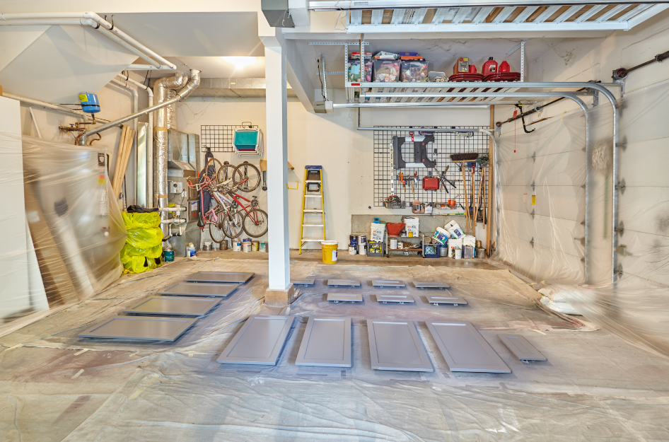 An image of the interior of a garage that is undergoing a remodel.
