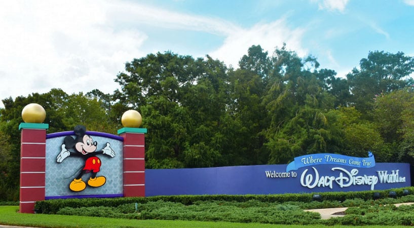 The “Welcome to Walt Disney World” sign in Orlando, Florida