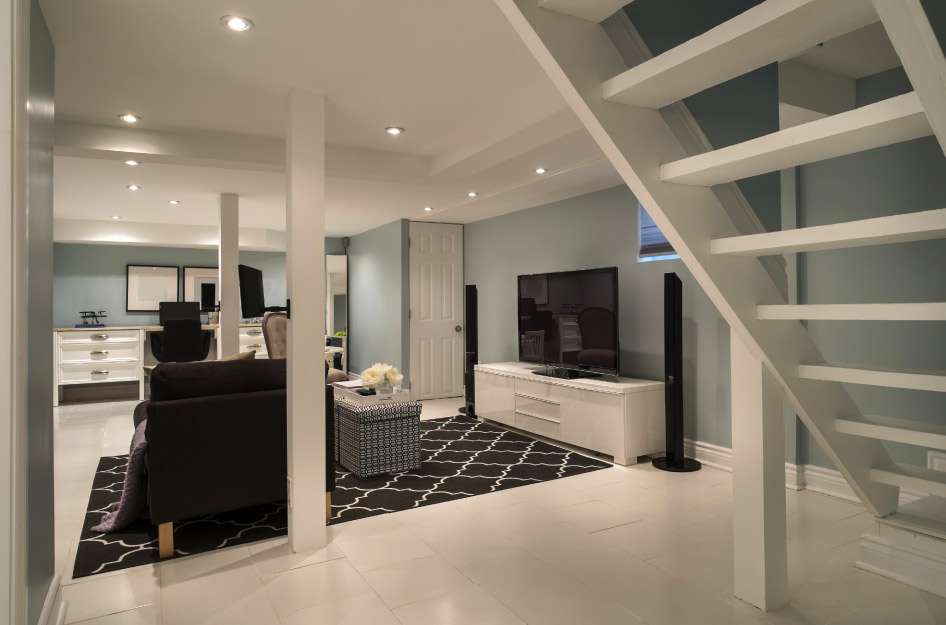 A newly renovated basement, modeled to be an additional living room