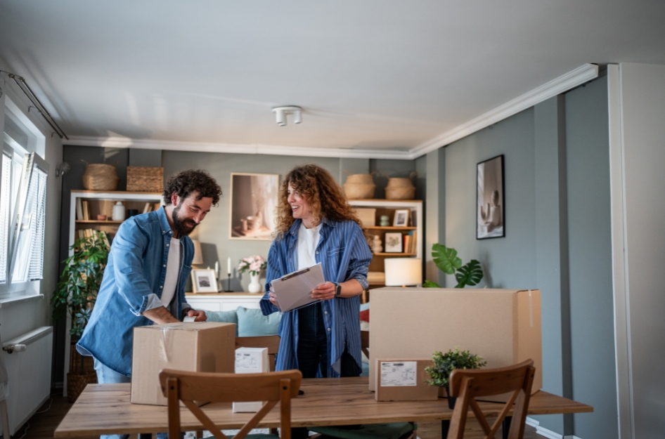 A couple is reviewing their moving day checklist in the living room while moving boxes sit on the dining table.