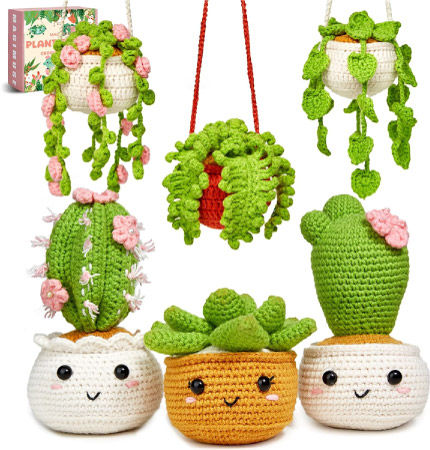 An adorable succulent crochet kit for making cute little desk decorations