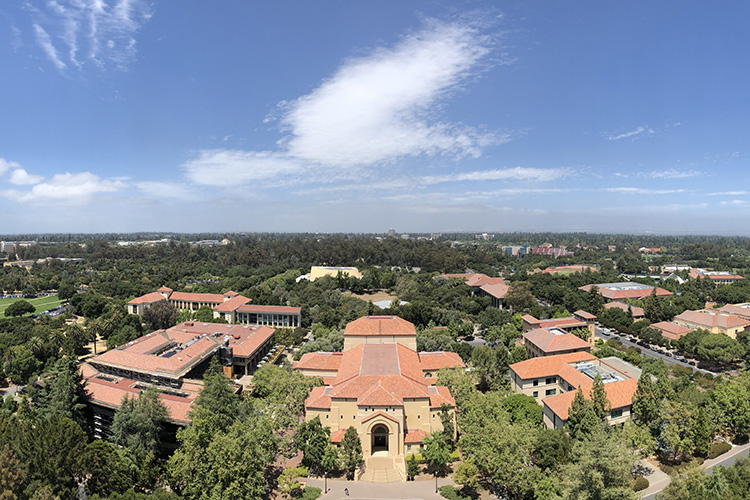 A drone shot of Stanford University shot with a fisheye lens.