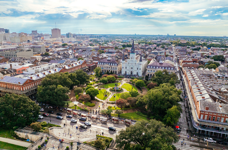A view of Jackson Square in the French Quarter, one of the best neighborhoods in New Orleans, LA.