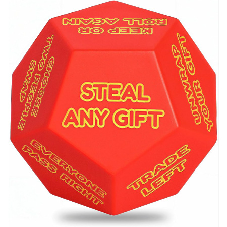  A promotional image of a red Santa Swap Dice with yellow instructions written on each side, including one that says “Steal Any Gift.”