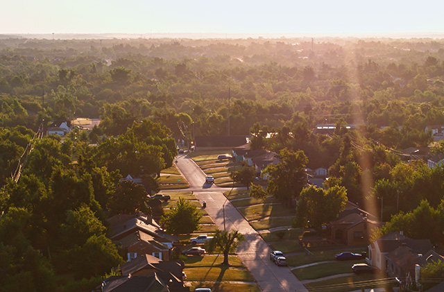 An overhead shot of a residential street in the Oklahoma City suburbs.