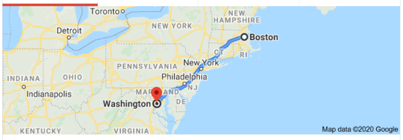 Screenshot of a Google map showing the route from Boston to Washington, DC. 