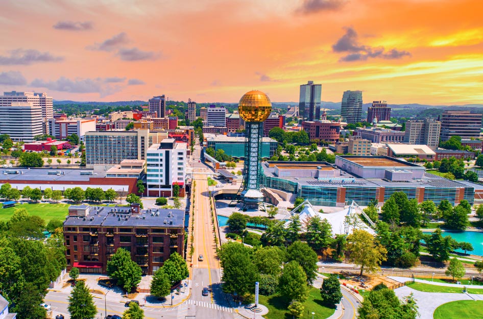 Aerial view of Downtown Knoxville, Tennessee, during sunset