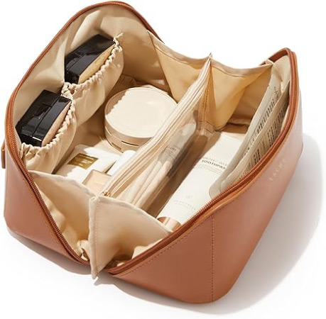 A tan-colored toiletry bag from Amazon makes a great White Elephant gift