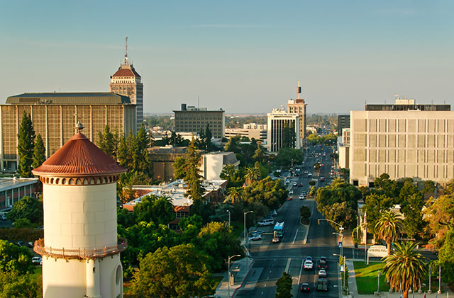 The skyline of downtown Fresno in the evening