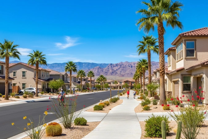 A residential street in Green Valley Ranch — one of the best neighborhoods in Henderson, NV — featuring desert-friendly front lawns filled with pebbles and cacti and a view of the mountains in the distance.
