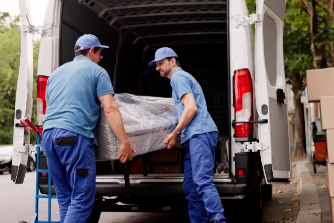 Two men in matching uniforms are loading a sofa into a moving van as they help a client who is moving out of an apartment.