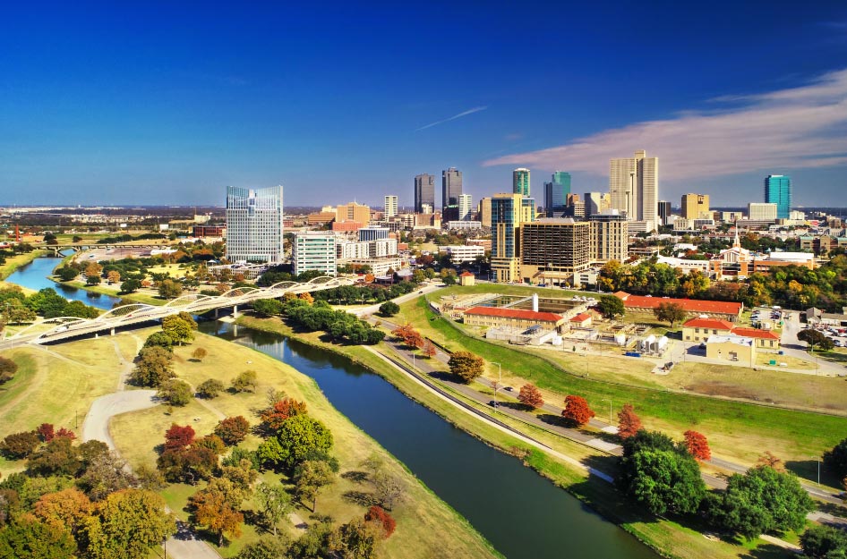 Aerial view of Downtown Fort Worth, Texas, and the Trinity River in the autumn.