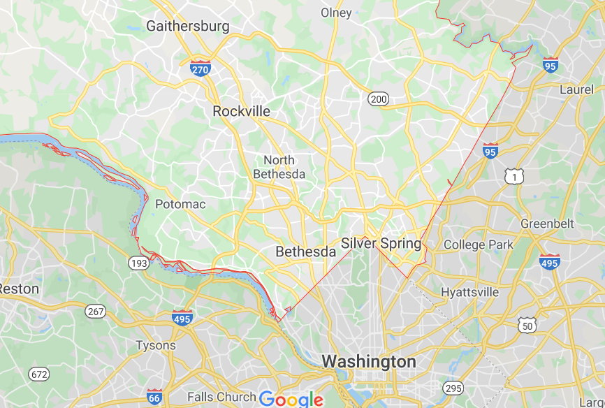 A screenshot of a Google map showing Washington, DC, suburbs located in the state of Maryland.