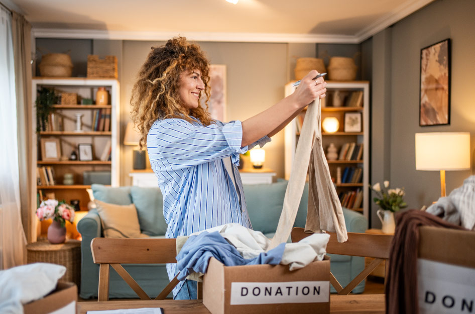 A cheerful woman is decluttering her house and putting things in boxes labeled “DONATION.”