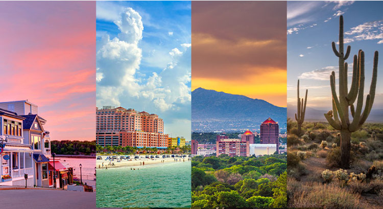 A split-screen image showing a town in Maine on the left, then a beach in Florida, a city in New Mexico, and a desert scene in Arizona.