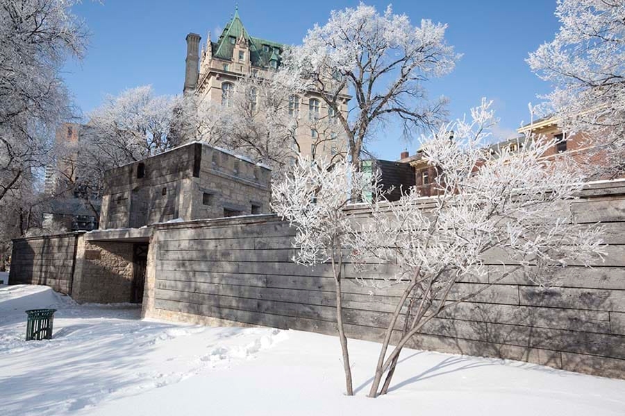 Fort Garry in Winnipeg on a snowy winter's day.
